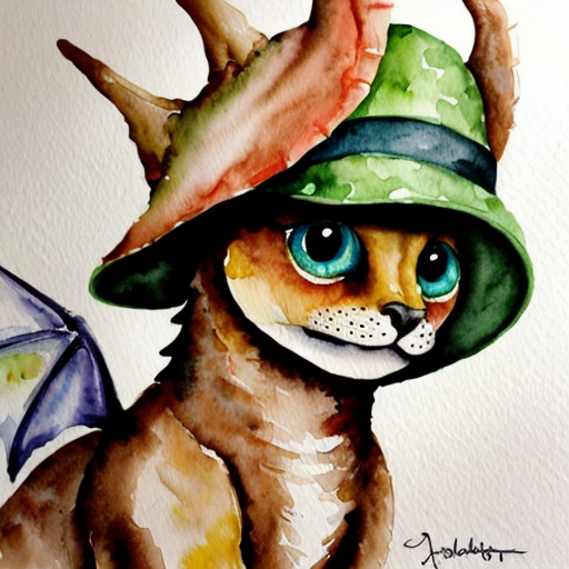 A big red baby dragon with blue large eyes and a green hat
