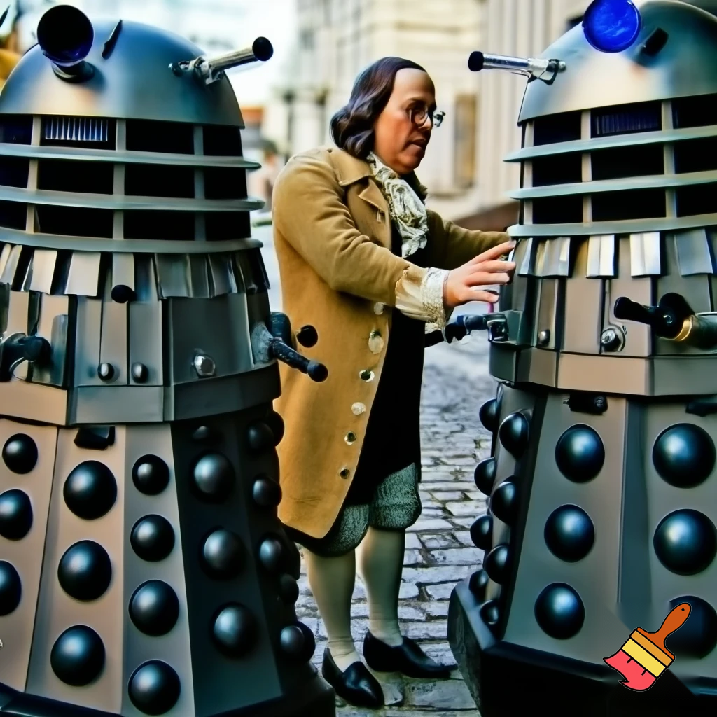 make a funny pic of benjamin frankiln with daleks 