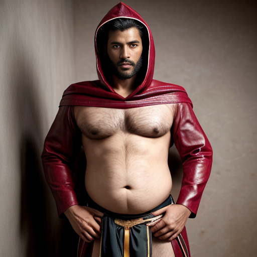 The clothing this body wore was different from that of the traditional gumental garb. He did not wear any long flowing robes. Instead, he wore a shirt and pants that were made of large dark red leather strips, which had been stitched together at a bent angle so that the strips pointed downward along the belly, the arms, and the legs. It had a hood crafted in the same fashion. fantasy