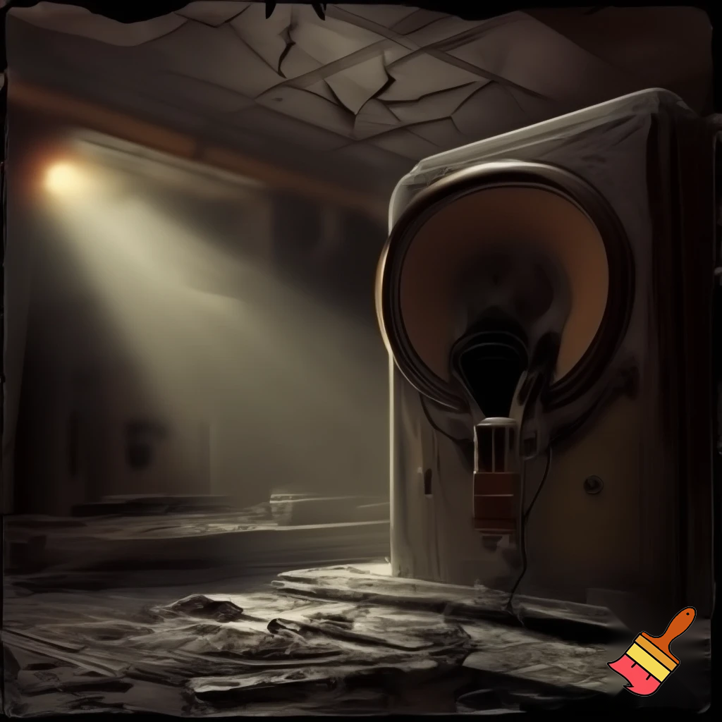 Disegna uno speaker su di una postazione radio moderna in un ambientazione post apocalittica. Lo speacer è steso nella postazione con un microfono conficcato in testa