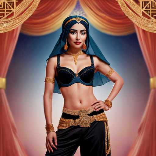 Aladdin 2d style of a Attractive Moroccan woman with dark skin wearing a headpiece, a veil, ornate cuffs, a bejeweled bra, a coin belt, harem pants and curved dance shoes  