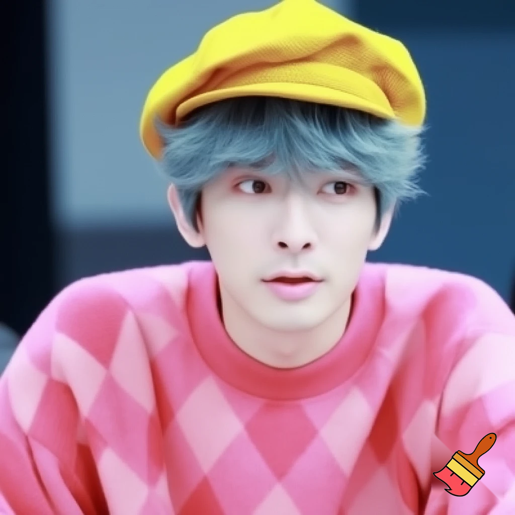 A young man with fluffy, short, blue-gray or turquoise hair and pale skin. Looks to be 24, he wears stylish yellow newsboy cap and pink argyle oversized sweater. 