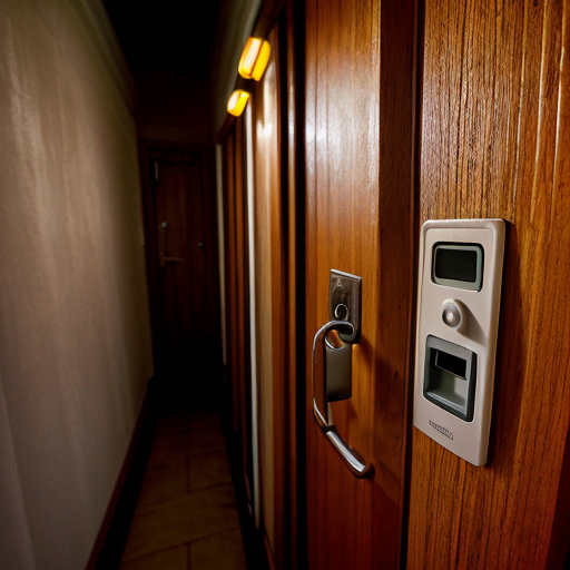 Close-up of room number 213 outside hostel room door, dim corridor light flickering