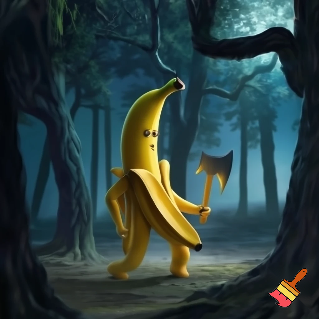 Banana man holding a axe in the woods it night