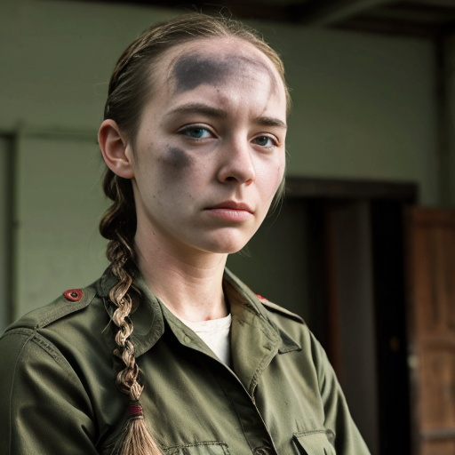 sharp grey eyes hinting at hidden depths, dark loosely braided hair framing face, subtle exhaustion etched features, calloused hands revealing frontline grit, human female, mid-twenties, Survey Corps uniform unassuming but worn, aristocratic bone structure beneath soldierly bearing, guarded posture masking intellect, traces of aristocratic lineage in posture, weary determination in expression, practical dirt-smudged boots, utilitarian gear showing wear, coiled tension in shoulders, observant gaze scanning surroundings, protective stance when near comrades, prematurely weathered skin from exposure, faded scars on knuckles, messy escapee braid