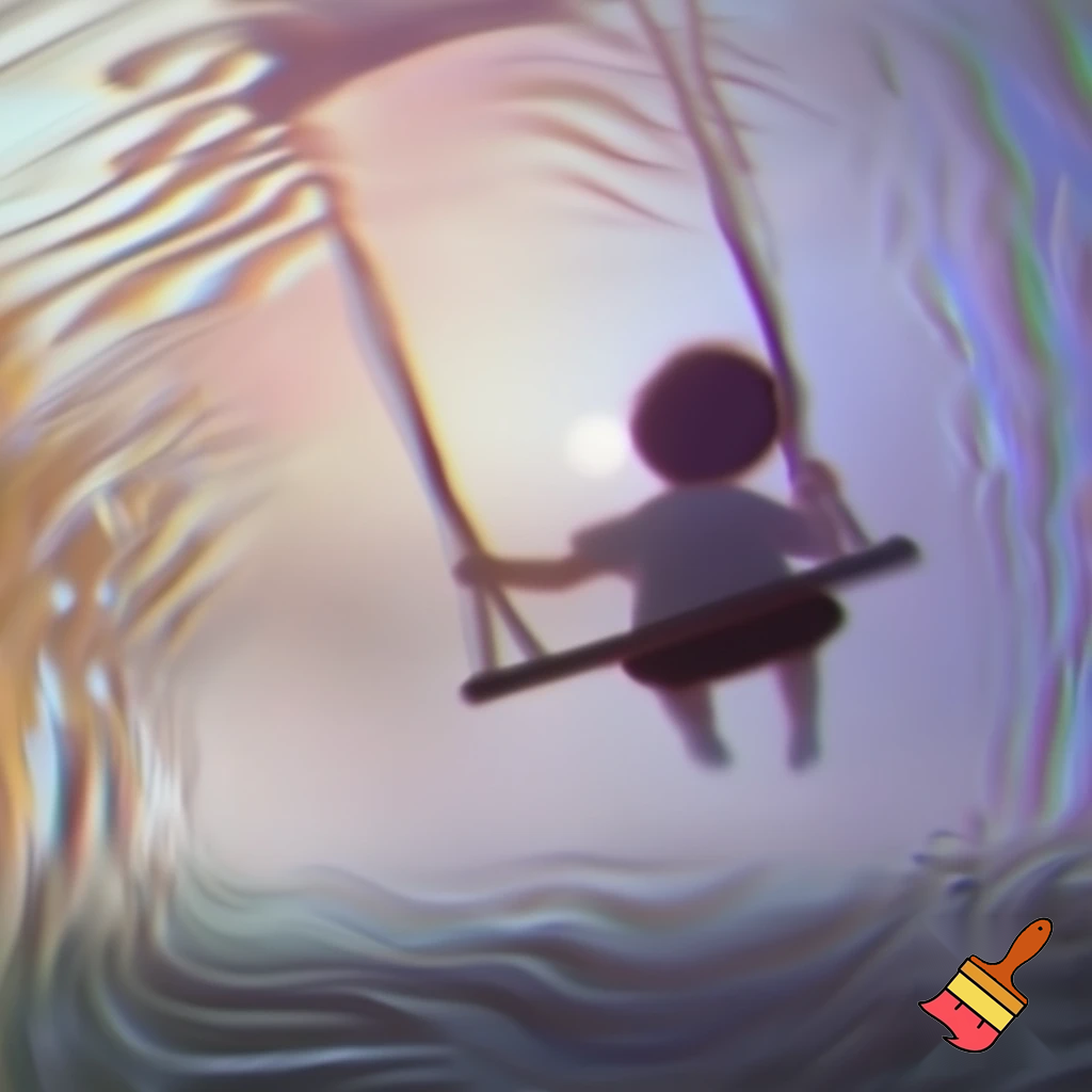 a small child swinging on a swing facing away from me, distorted image
