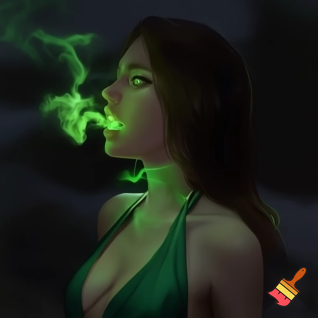 side profile of a young woman who has a wide open mouth, with a glowing green throat, glowing green eyes, and green flames spilling from her mouth, low cut green dress