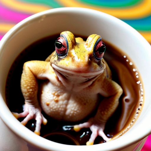 A hillarious, funny boho toad with some hippie colored coffee cups. Psychedelic decorated background, hyperrealistic. Close-up view.