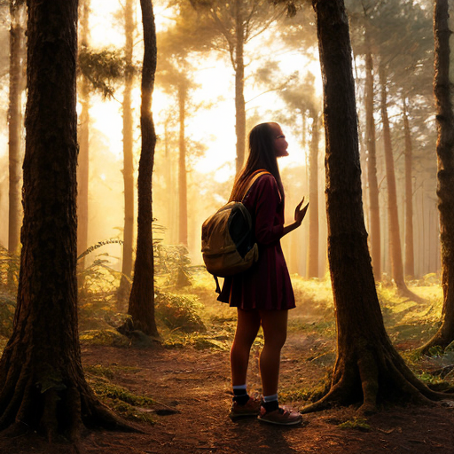 “Spirit Yuruparí emerging from golden light, speaking to a teen girl in the forest.”