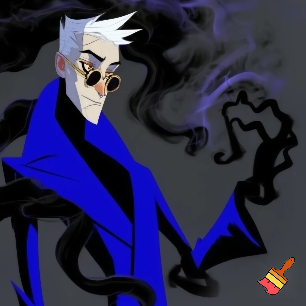 A tall, lean pale man with a similar build to Alastor with white hair, distinctive round brass glasses he has a stern look on his face. his face In cartoonish art style of hazbin hotel wearing his signature blue overcoat with black sinister smoke curling around him his hand reaching out, producing the black sinister smoke