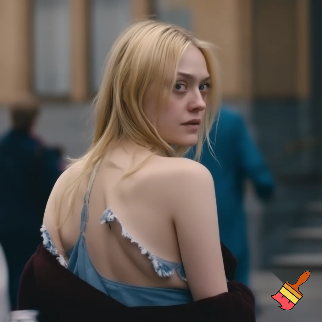 Dakota Fanning, various poses, torn clothes, street scene, close up shot, breast exposed, walking away looking over her shoulder 