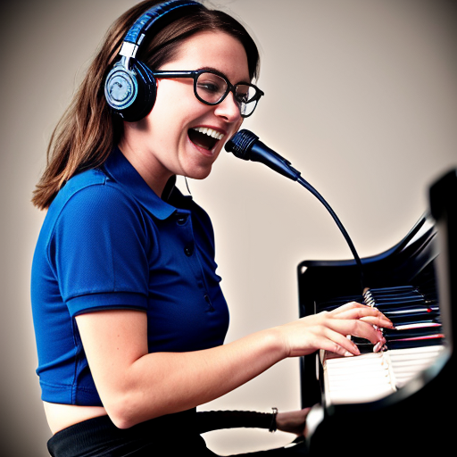 A glasses-wearing barefoot woman (somewhere between her 20s or 30s) with headphones (on her ears, not around her neck), a short-sleeve blue shirt (just a shirt, not a polo, and no branding on that), and very short black Adidas-brand shorts, she is tickling the ivories of a synth (both hands on the keys), there's also a mic, its stand is in front of her synth, the mic is pointing to her mouth, however, she doesn't sing to it for her mouth is closed.
