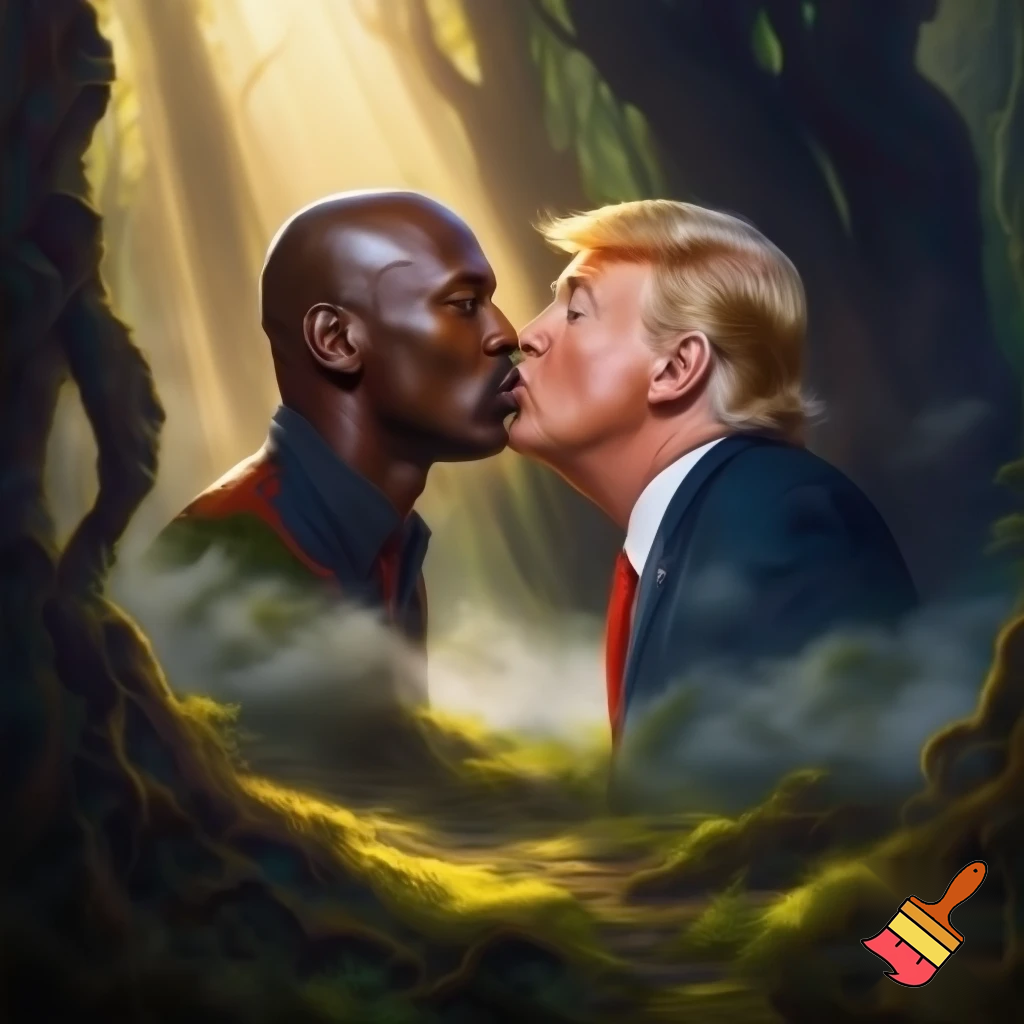 michael jordan and trump kissing in the middle of the forest