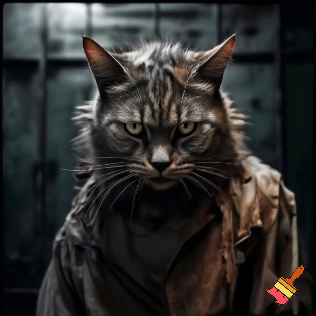 Feral vicious cat sinister evil, mugshot style, prison clothes, no humans staring at screen