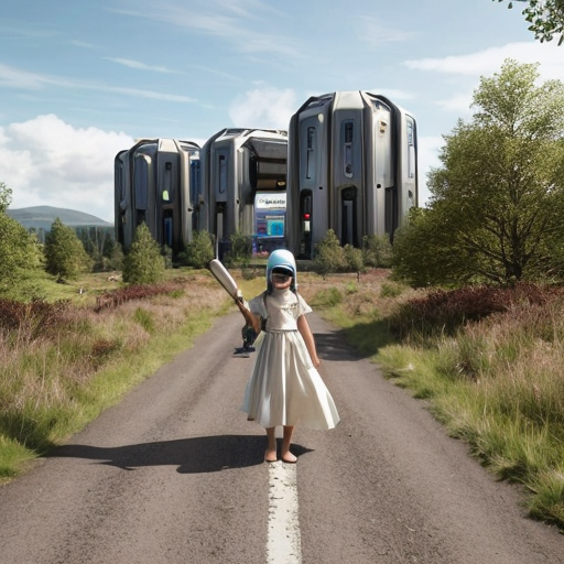 Asland Human cute little girl with light brown hair, blue eyes, light beige sci-fi futuristic long dress and barefoot, when holding the fkag of Asland with white field and red-linned black saltire and group of Asland Human peoples on sci-fi futuristic road at Hammerstein beige sci-fi futuristic castle with red brick sci-fi futuristic roofs and beige sci-fi futuristic towers with red brick sci-fi futuristic roofson hill in Asland landscape with taiga forest, hills, meadows, beige-green-brown fields, villages with beige sci-fi futuristic houses with red brick sci-fi futuristic roofs and cloudy sky in 2621.