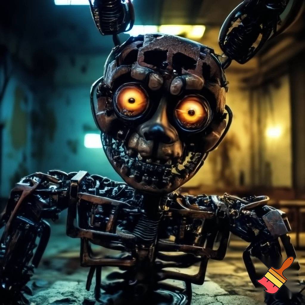 a fnaf endoskeleton with orange swirly eyes