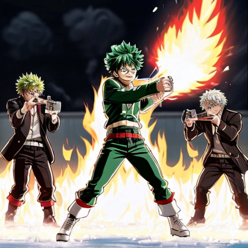 Izuku midoriya green energy blast shooting at kakutsi bakugo locked in battle and shoto todorki shooting ice at izuku and fire at bakugo and they all shotting power at eachother
