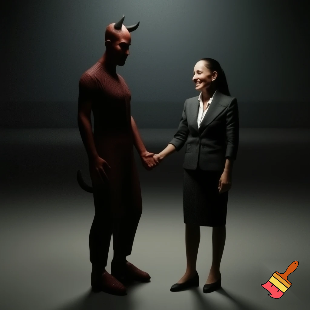 claudia sheinbaum holding hands with the devil and smiling, full body, 