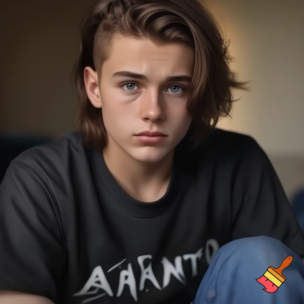 noah dier, a regular teenage boy with brow hair slightly long on top with shaves sides and big eyebrows and close set blue eyes and a big circular nose with a metallica shirt and jeans with a pear shaped face