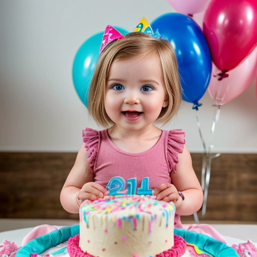 create a 2 year old daughter with blonde hair with blue eyes in pink on her birthday in front of a cake at a house 