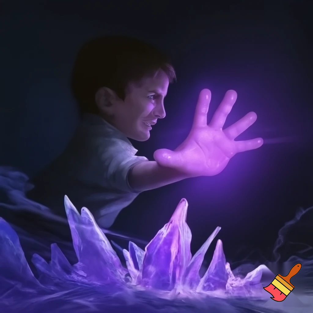 older boy with his glowing purple hand out to the right, purple tinted ice erupting from the ground in spires, realistic,               side profile