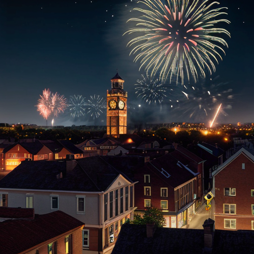 view from a window on a small town at night, the clock tower at the right side and fireworks on the sky
