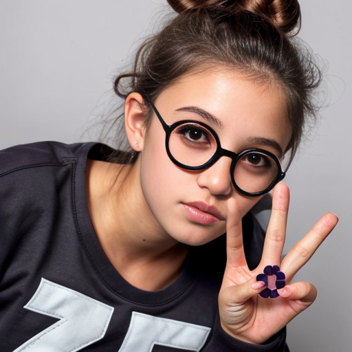 Realistic teenage girl with medium brown curly 2A hair, brown eyes, purple glasses, a dark grey t shirt with a white bow, black wide leg sweatpants and brown ugg shoes doing the peace sign with both hands and also doing the kissy face