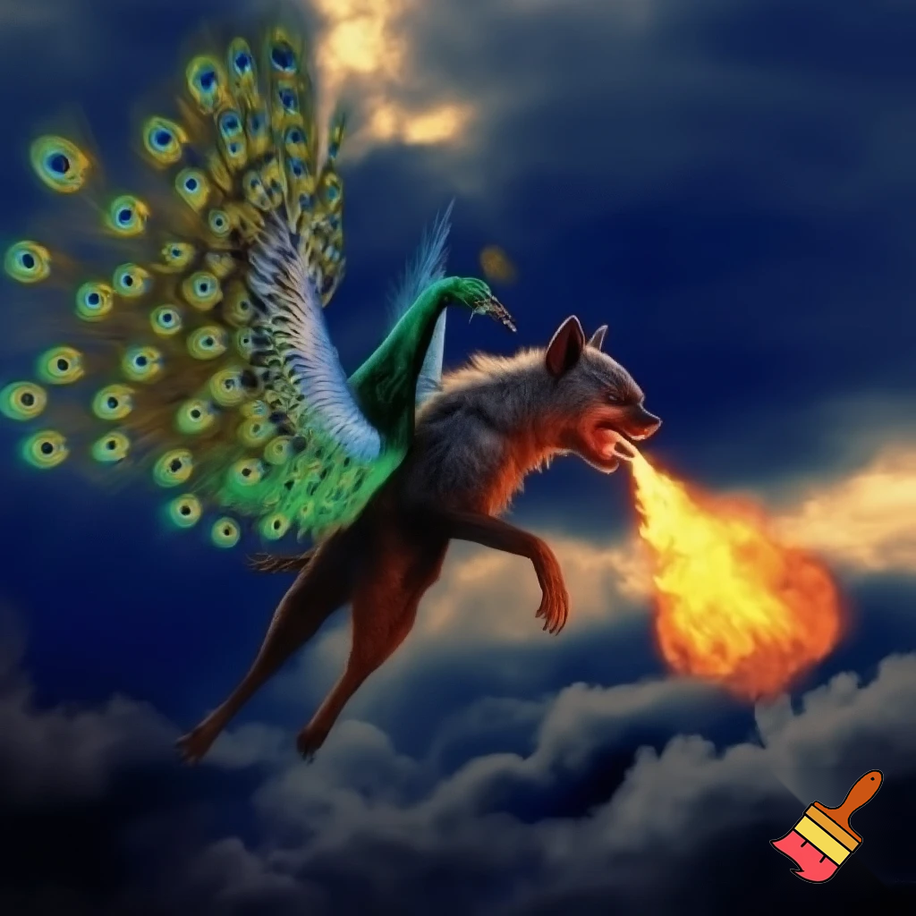 Half peacock half hyena flying with a blowtorch