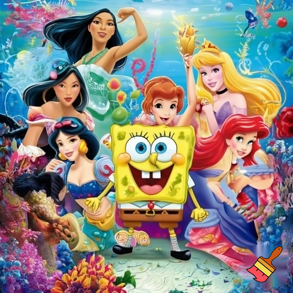 The SpongeBob SquarePants Movie SpongeBob Meets Mulan Jasmine Snow White Ariel Cinderella Pocahontas Belle Aurora In Bikini Bottom 