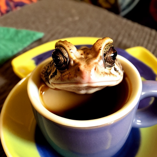 A hillarious, funny boho toad with some hippie colored coffee cups. Psychedelic decorated background, hyperrealistic. Close-up view.