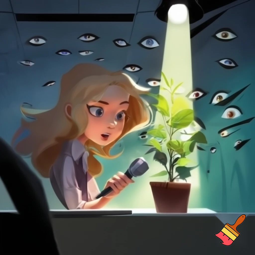 blond girl talking to plant with a spy microphone in his right hand while she is spied for many eyes into a office.