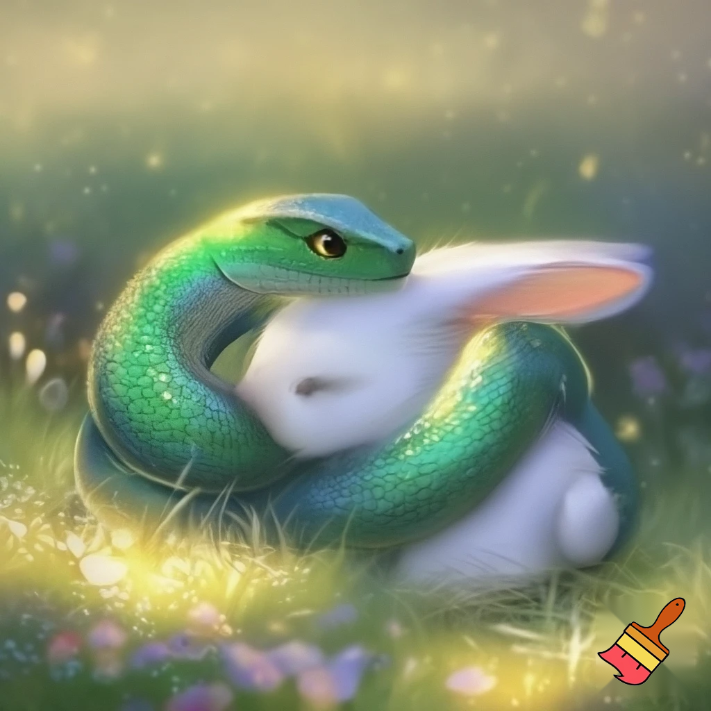 creat a picture of a snake and bunny as friends