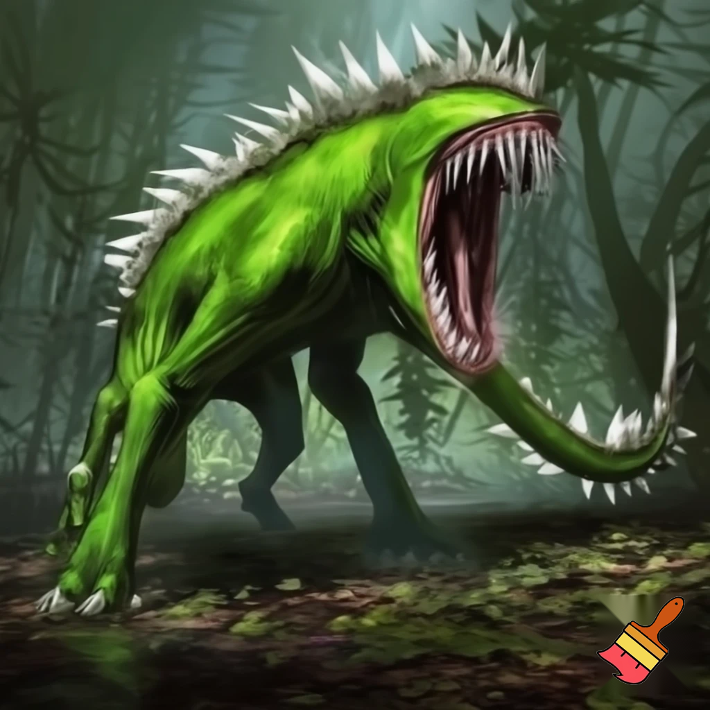 a animal that has green skin and has no eyes
and has a tail with spike on the tail and body and looks like a fly trap and 
lives in the rainforest has a big mouth and has shark teeth and has legs
and with no eyes and walks on all four legs the spikes are white with no eye







