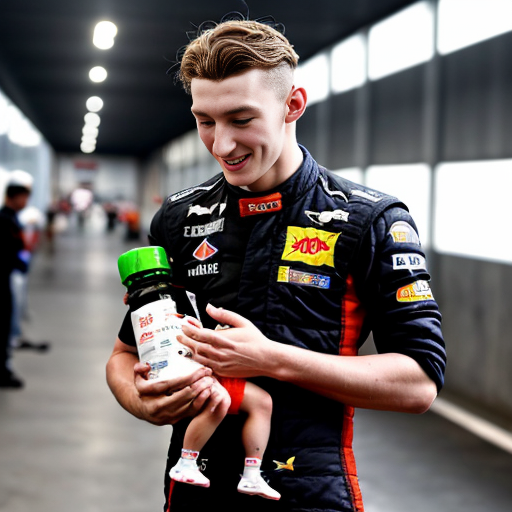 make an image of max verstappne hold a big johnsons baby oil next to charles lecrlec