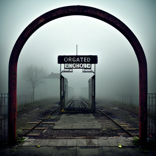 rusty gate of abandoned station, warning sign hanging crooked, night fog, horror mood