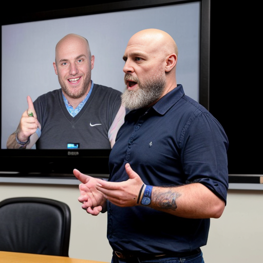 he's the professor and we are all  students at a lecture.bald guy with a beard trading futures ona big flatscreen tv set of 4, room with guns andf guitars aveytwhere and amps - the bald guy is the speaker not the tohers..., 
