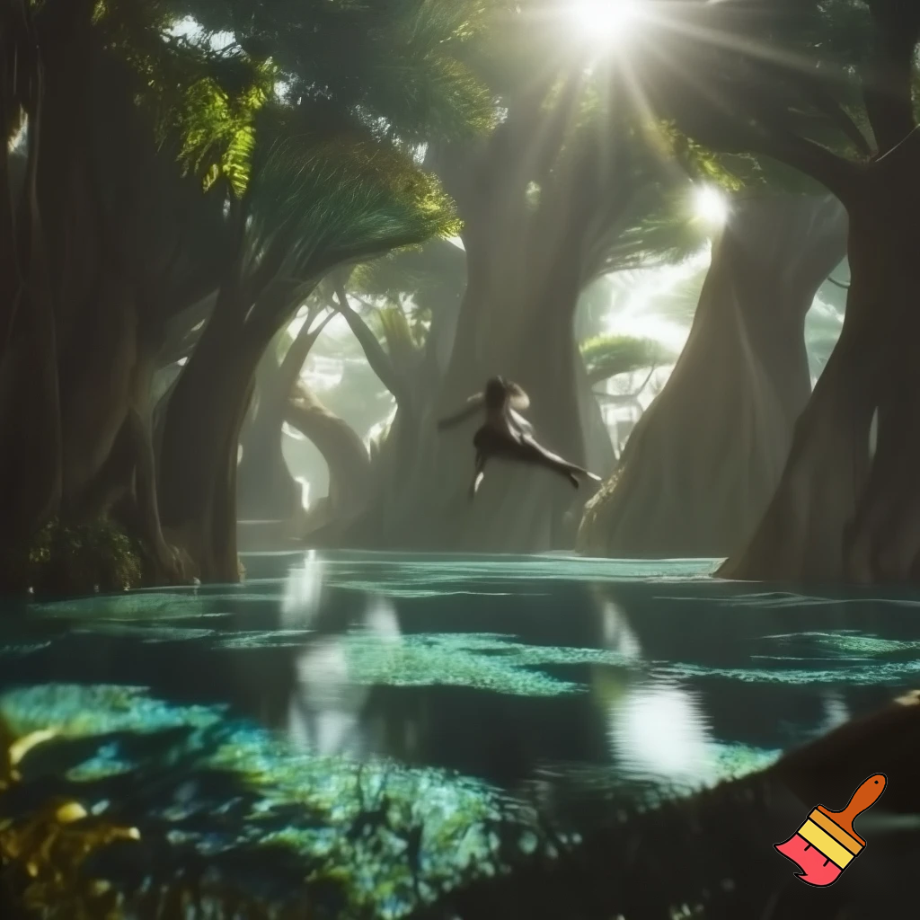 First glimpse of alien paradise — huge engineered trees humming, shimmering transparent rivers, empty paradise with no fauna, human-like figure rising above ground mid-leap (unexpected anti-gravity), dynamic motion blur, sunlight flares, cinematic wide shot, vivid greens and turquoise, high detail.

Settings / Steps:

Aspect ratio 16:9.


Lighting: intense backlight with rim highlights on foliage.

Keep environment lush but eerily empty.


Negative prompt: crowded scene, animals, text, low detail, childish style

Variations: quiet close-up on hand touching tree that hums, leaf-scale macro.
