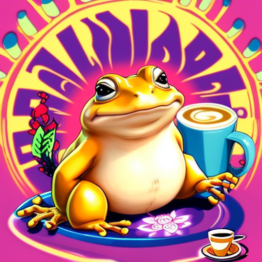 A hillarious, funny boho toad with some hippie colored coffee cups. Psychedelic decorated background. Hard style.