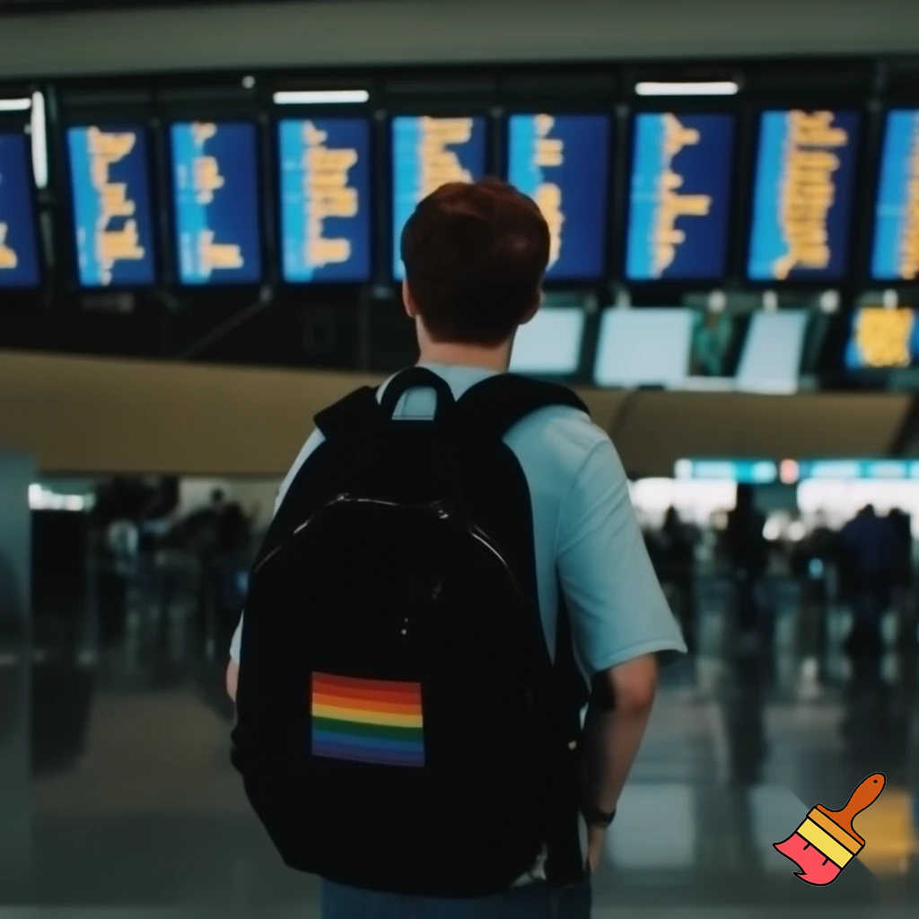 „Eine authentische Szene in einem modernen Flughafen. Man sieht eine junge homosexuelle Person von hinten, lässig gekleidet, vielleicht mit einer leichten Andeutung von Pride-Accessoires wie einem kleinen Regenbogen-Patch am Rucksack. Die Figur steht aufrecht, schaut auf die großen Abflugtafeln. Um sie herum herrscht realistisches Flughafenlicht: kühle, klare Beleuchtung, leichte Spiegelungen auf dem Boden, Menschenströme in der Ferne. Der Fokus liegt auf der Person und ihrem Rucksack, die Atmosphäre wirkt lebendig und glaubwürdig. Keine übertriebenen Farben oder künstliche Posen, sondern eine natürliche Momentaufnahme im Stil eines dokumentarischen Fotos.