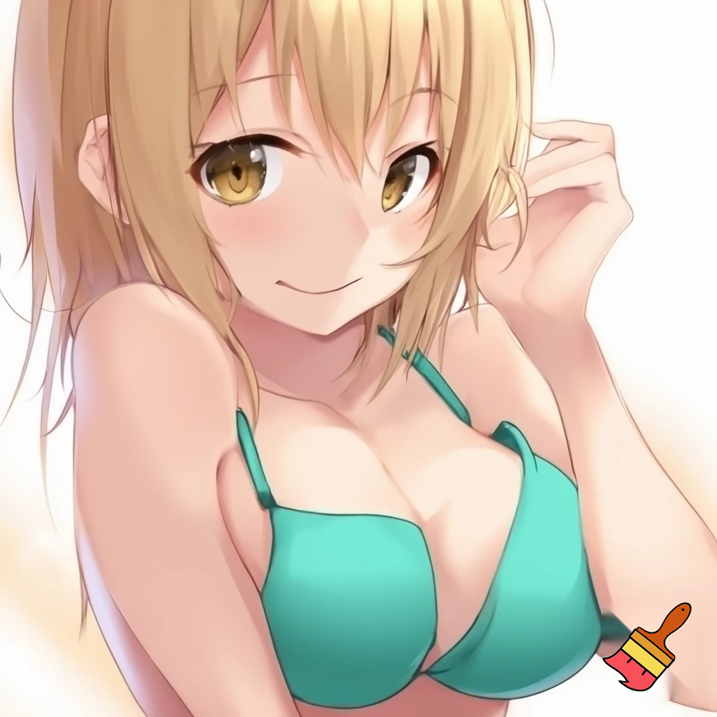 Anime girl with small breasts in a Bra and a Seductive Smile, cute with teal underwear clothes and blonde hair and hazel eyes