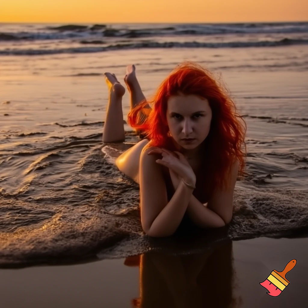 Ragazza dai capelli rossi distesa al tramonto su una spiaggia, bagnata dalle onde sul suo corpo nudo. Vista frontale, la ragazza ha le gambe aperte i capelli sono mossi 