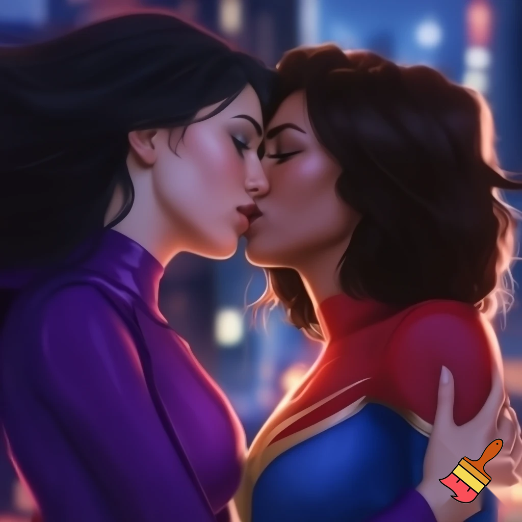 Kate Bishop  Hawkeye white skin dark hair blue eyes purple outfit kissing ms marvel Kamala khan brown skin dark brown hair dark eyes red blue outfit 