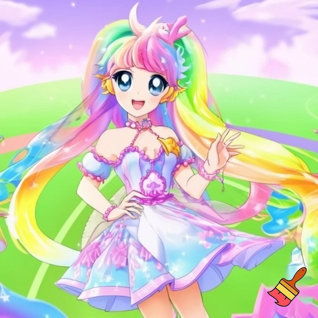 An anime magical girl with rainbow pastel hair and dress on a pastel fantasy field