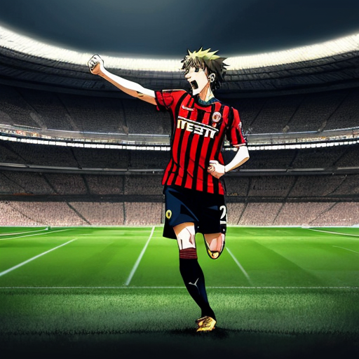 Anime-style illustration of Nicolò Barella in the foreground, front and center, performing his iconic goal celebration with intense expression, dynamic action pose, highly detailed blue and black Inter Milan jersey, clearly recognizable but drawn in anime style. Behind him slightly are Lautaro Martínez and Francesco Pio Esposito doing their classic celebrations, also recognizable in anime style. In the background the rest of the Inter players are scattered across the scene, large Inter Milan logo filling the backdrop, stadium atmosphere, dramatic lighting, high detail, vibrant colors