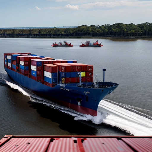 Create a realistic image of a container ship entering mobile bay. On each container is a rebel flag graphic from the civil war era.