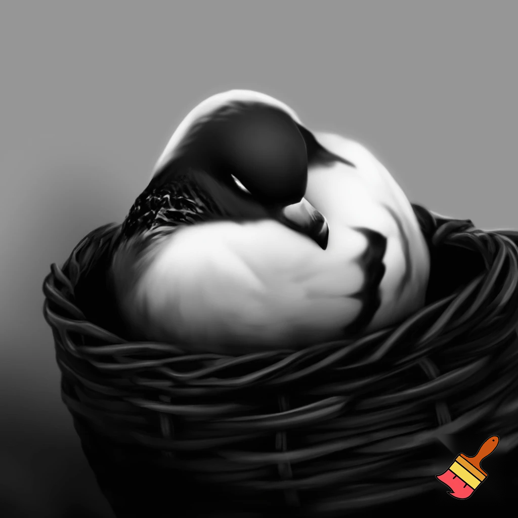 Piccione bianco e nero che dorme in una cesta