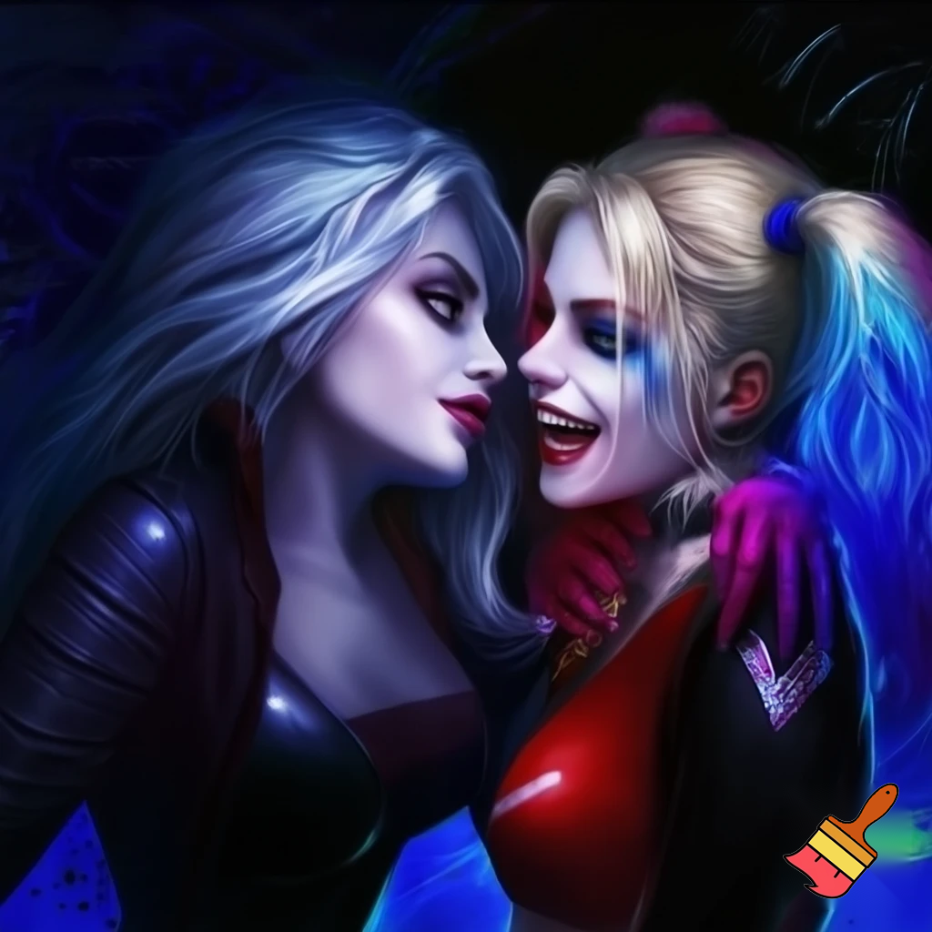 Killer frost crystal frost white hair blue eyes blue dark color bodysuit kissing Harley Quinn blonde hair two pigtails blue eyes red black jester outfit 