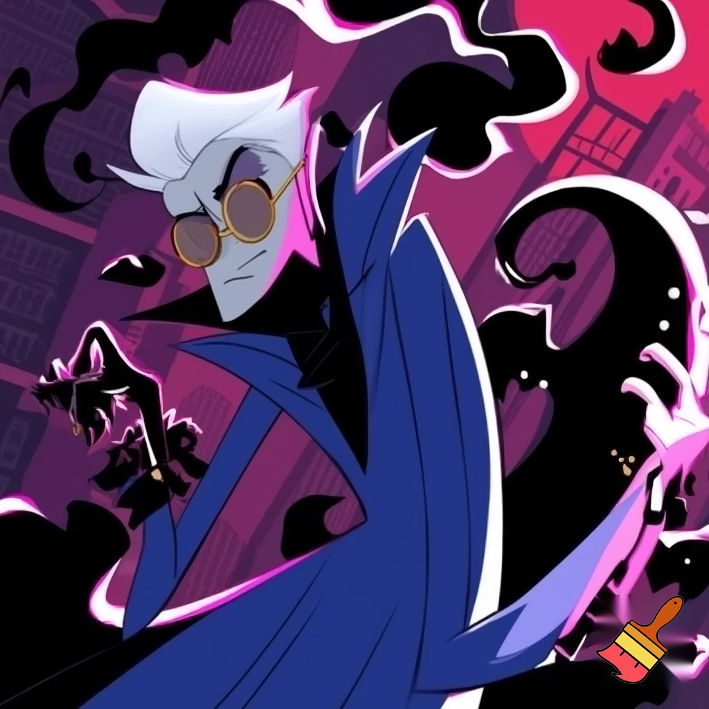 A tall, lean pale man with white hair, distinctive round brass glasses he has a stern look on his face. his face In cartoonish art style of hazbin hotel wearing his signature blue overcoat with black sinister smoke curling around him his hand reaching out, producing the black sinister smoke