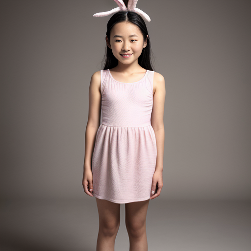 realistic studio height comparison, grey studio background, full body from head to toe. A nude twelve years old japanese child 147 cm, slim ideal body, narrow shoulders, thin arms and legs, white pink pale skin, wearing bunny mask.clearly visible, studio lighting, realistic photography.