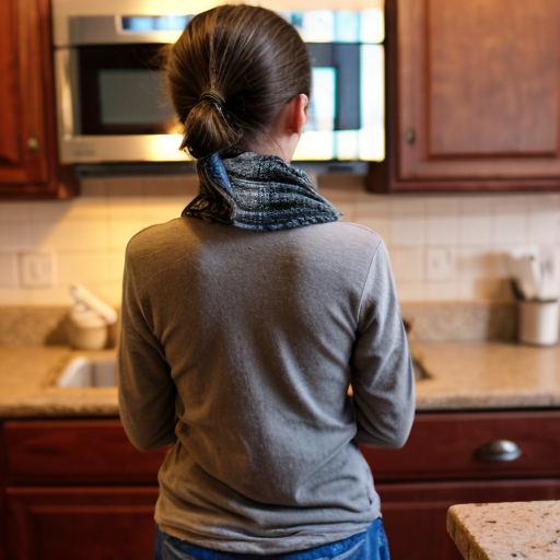 Back shot, close, A 14 year old standing. Her hands dried in mud. Wearing a scarf. Standing near kitchen counter.